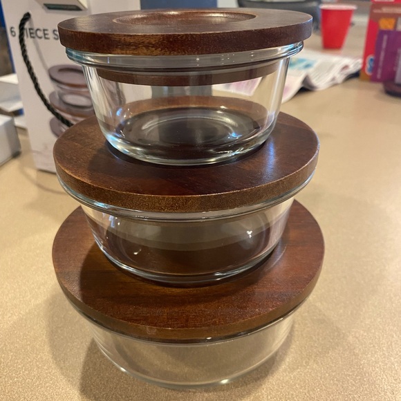 Brand new never used Servapetit 6pc storage set glass w/wood lid. Set of three. - Picture 3 of 5